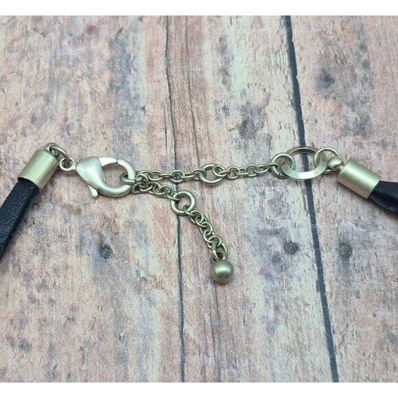 Brushed Gold Tone & Black Faux Leather Structured Collar Choker Necklace 18" - Picture 9 of 9